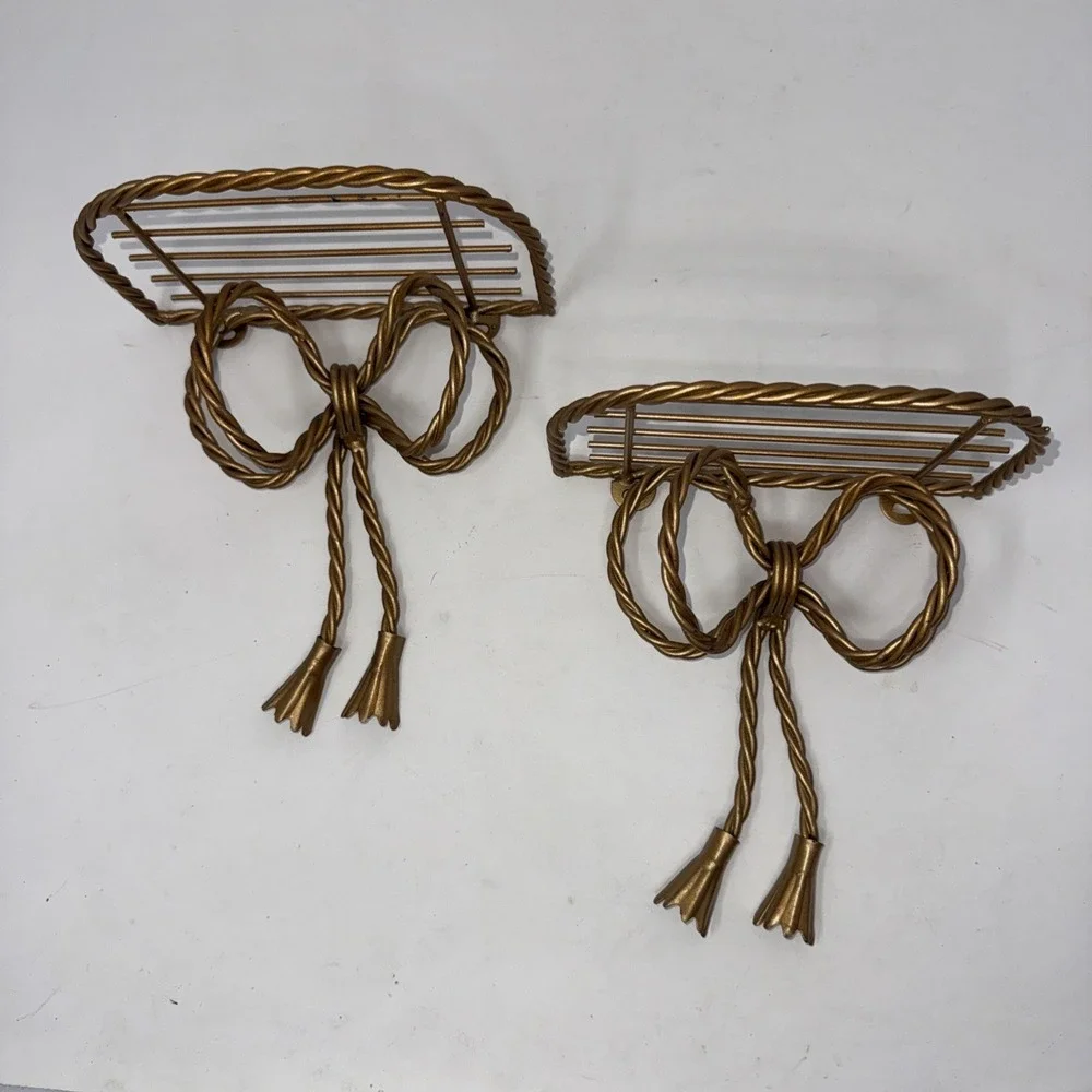2 Vintage Home Interiors Gold Metal Twisted Bow Shelves Decor